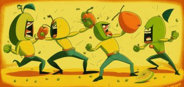 “Сражение манго и авокадо”. Изображение создано нейросетью Kandinsky 2.1